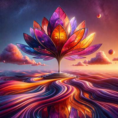 The primary subject of the image is a large, colorful flower with a purple center. The flower is situated in a vibrant, swirling background that adds to the overall atmosphere of the scene. The visual style of the image is a combination of digital art and illustration, creating a unique and eye-catching design. The dominant colors in the image are purple, orange, and pink, which contribute to the lively and energetic mood of the scene.